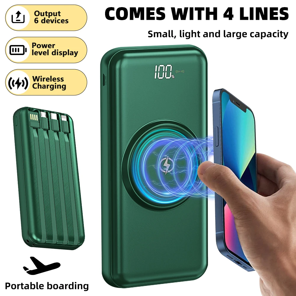 20000mAh Wireless Power Bank Fast Charging Built-in Quad Power Cable Mobile Phone Charger For Iphone 13 14 15 Xiaomi Samsung 2