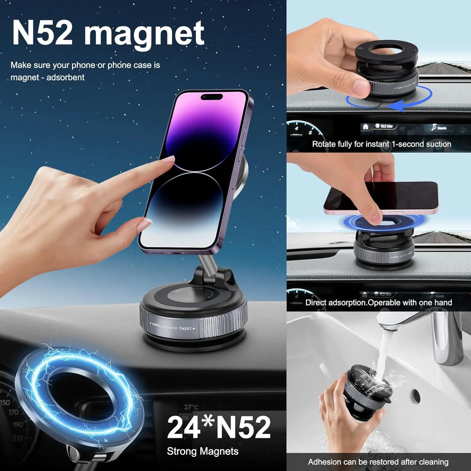 Supporto Telefono Con Ventosa In Silicone Fronte-Retro Per Selfie E Videochiamate - Argento, Nero E Arancione - 3