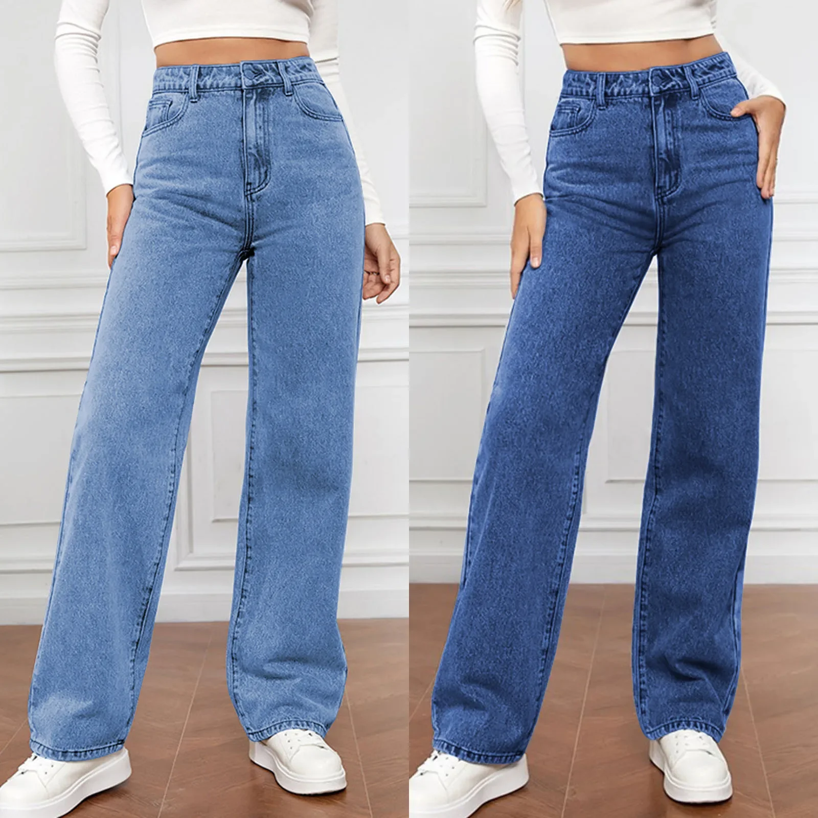 

Women's Stretchable Solid Color Washed Denim Trousers Fashionable Versatile High Waisted Classic Casual Straight Leg Jeans Pants