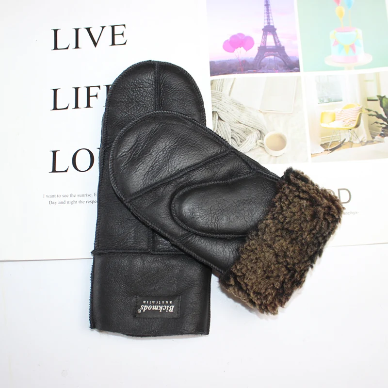 New Winter Warm Women's Sheepskin Gloves Thickened Wool Lined Solid Finger Leather Gloves