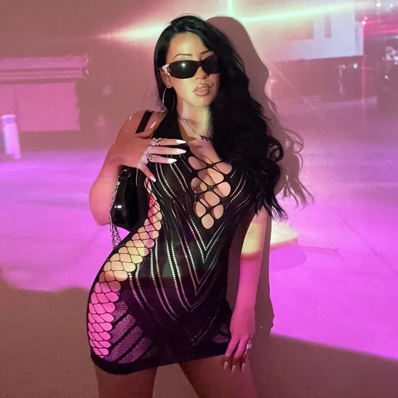 

2022 Summer Sleeveless Black Dress Women Y2K Solid Backless Bodycon Female Sexy Fishnet Night Club Party Transparent Mini Dress