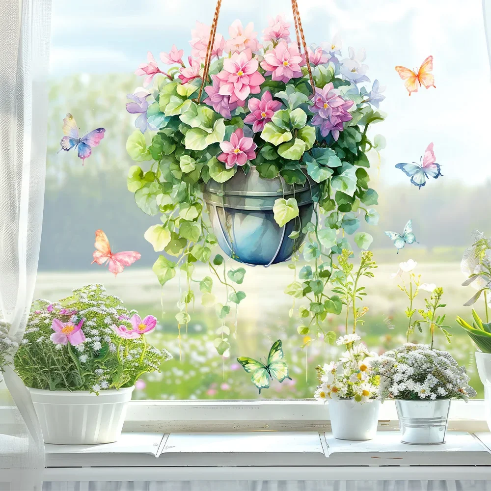 40x60cm Fresh Window Flower Basket Decals Static Cling Glass Films for Room Decor Home Decoration Stickers