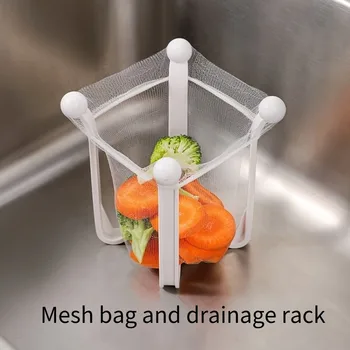 1set Kitchen Sink Strainer & Drain Rack - Durable Plastic, Open Storage Design for Easy Cleanup,50 mesh bags,1 drainage rack 1