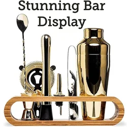 Premium Cocktail Bar Set - 10 - Piece Mixology Kit with Elegant Bamboo Stand (Gold Plated)