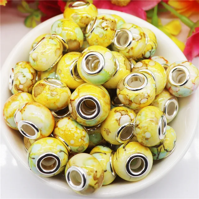 10Pcs Marble European Craft Beads Large Hole Spacer Beads Colorful Pony  Beads for DIY Necklace Bracelet