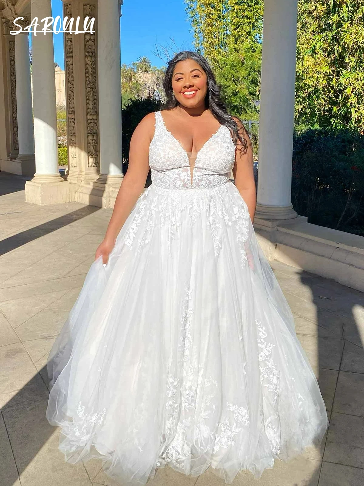 

Plus Wedding Dress A-line Long Bride Dresses Lace Tulle Bridal Gown Sweep Train Vestidos De Novia Plus Size Robe De Mariee