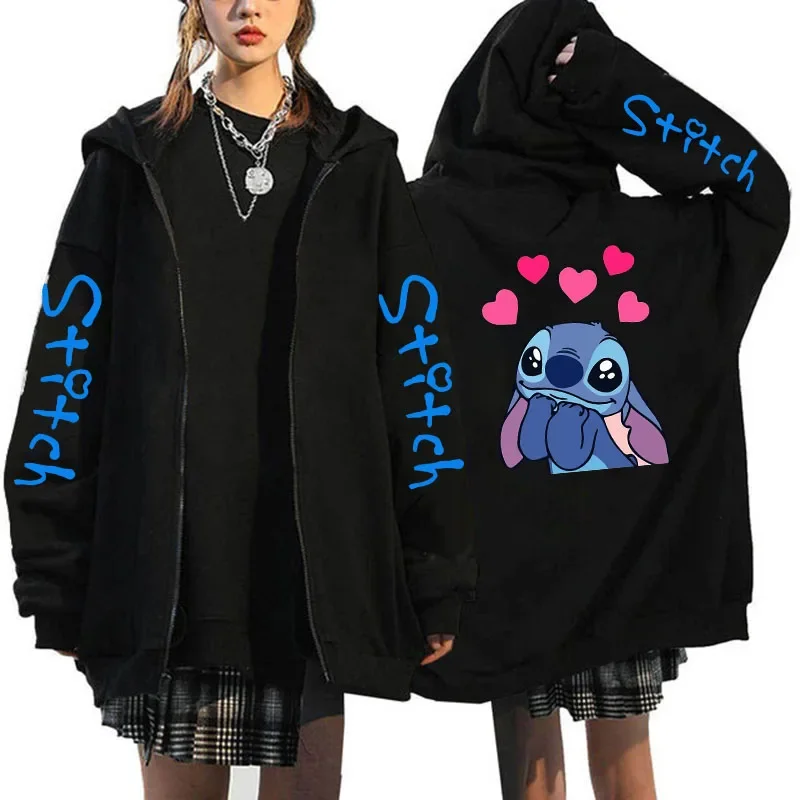Disney Zip Up Hoodie Women Men Kawaii Ohana Lilo Stitch Zipper Hooded Jacket Harajuku Manga Cartoon Sweatshirts Coat Streetwear zip hoodie