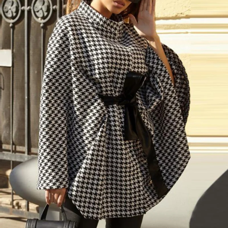 Women's Houndstooth Cape Coats Chic Turtleneck Tie Up Asymmetric Shawl Poncho Pullovers  New Autumn Winter Female Coats Ins