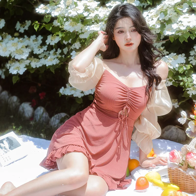 Swimwear Lace Up One Piece Suit Plus Size Swimsuit Women Puff Sleeves