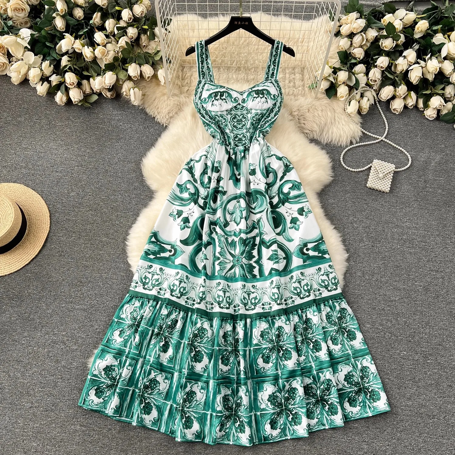 

Runway Summer Holiday Maxi Dress Women's Spaghetti Strap V Neck Backless Blue And White Porcelain Print Vacation Long Vestido