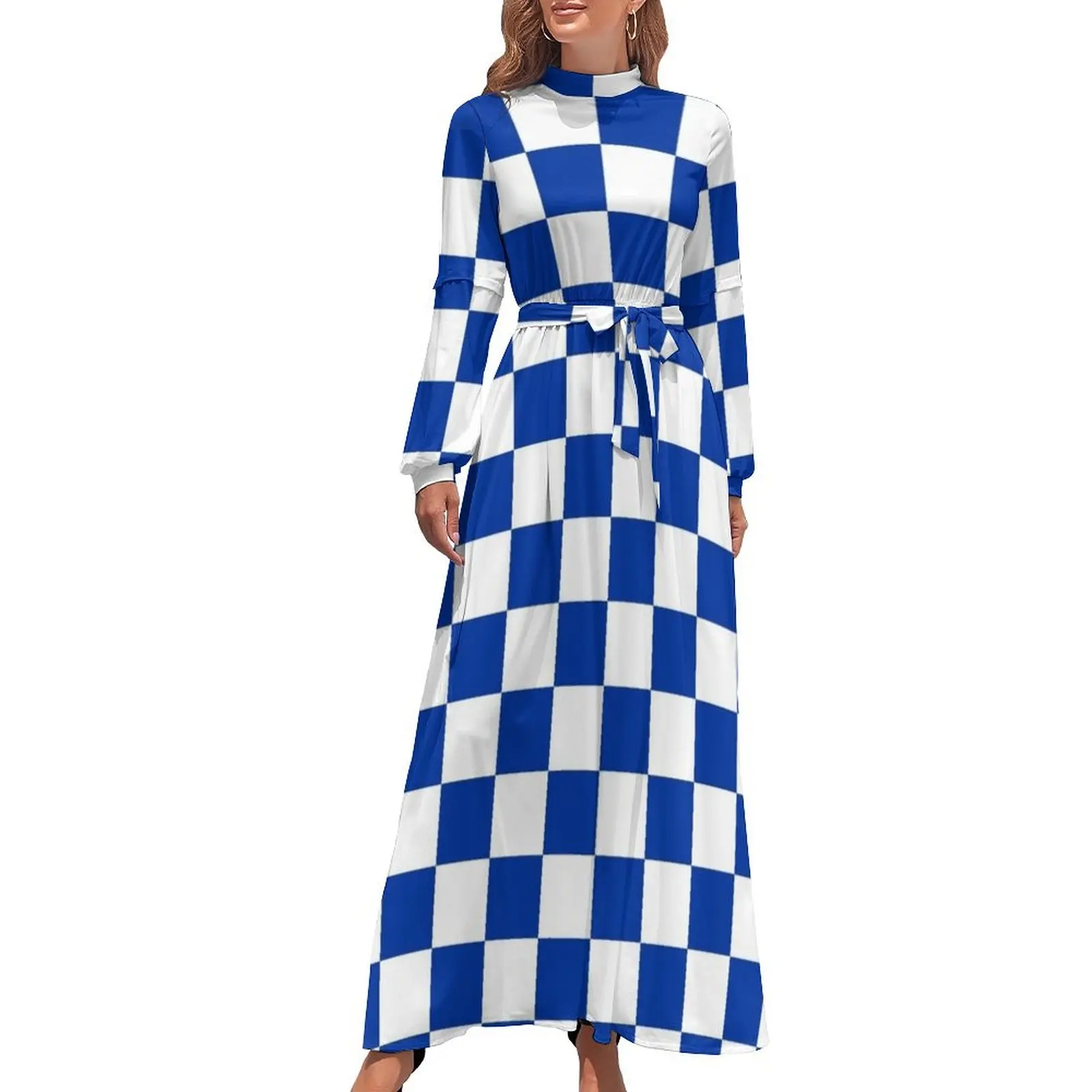 thumbnail image 1 of Vestido largo de cuadros Kentucky en azul y blanco Vestido de verano para mujer 2024 Vestido vintage, 1 of 5