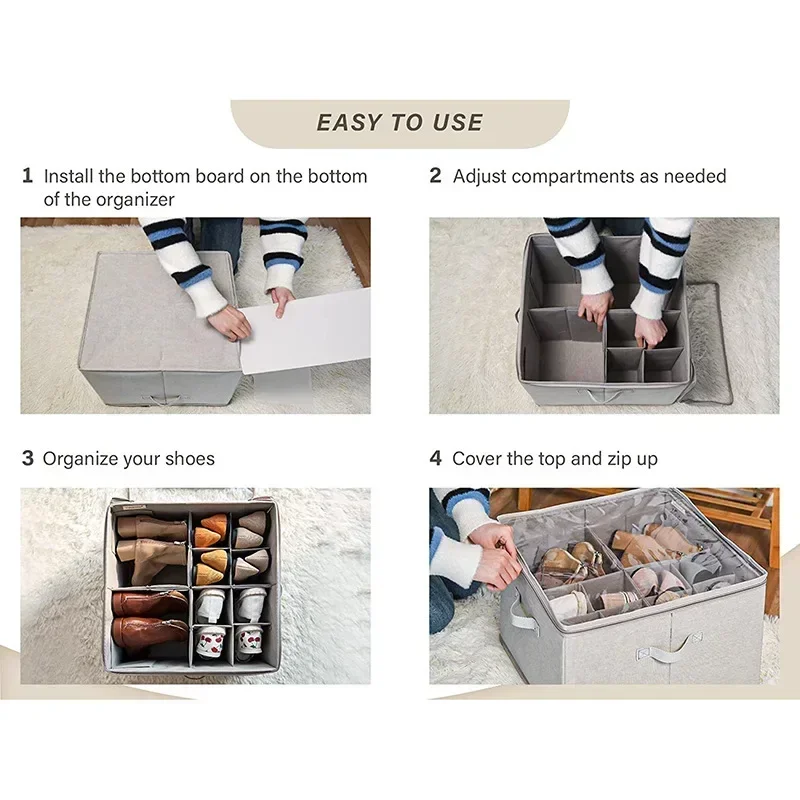 Shoe Organizer, Fabric shoe hanger with Cover, Adjustable Dividers for Shoe storage drawer Box Container  Cube Box Fits 14 Pairs 4