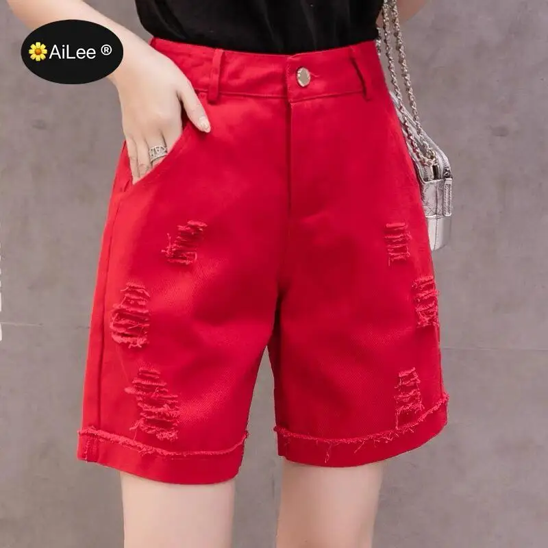 Half Length Denim Shorts Vintage White Black Solid Baggy High Waist Simple Tassel Loose Casual Female Shorts Side Split Summer