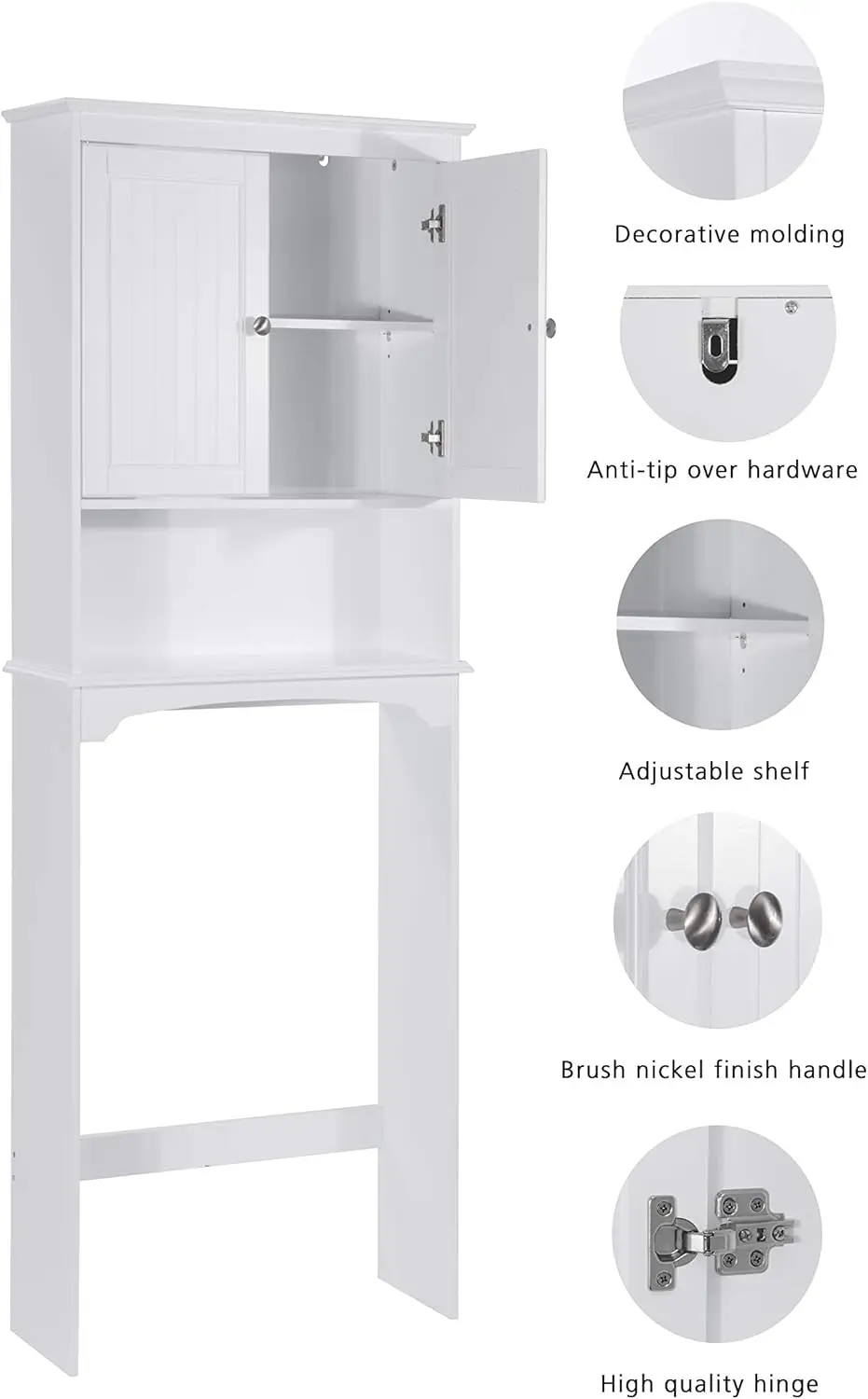 White Over Toilet Storage Cabinet with Adjustable Shelf, Bathroom Organizer Space Saver
