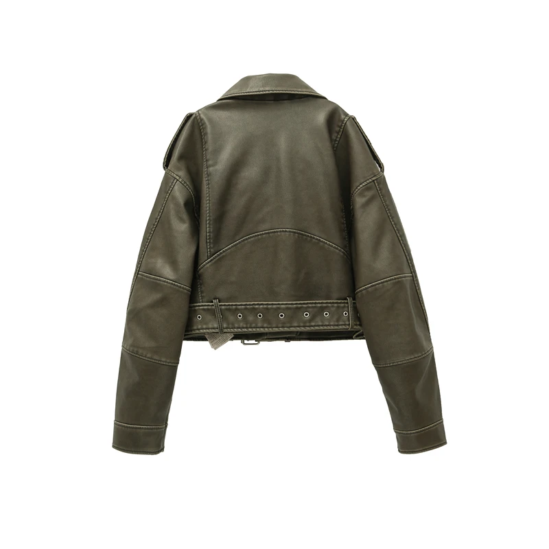 ZVRI 2024 Women Vintage Loose Pu Faux Leather Short Jacket with Belt Streetwear Female Zipper Retro Moto Biker Coat Outwear Tops 4