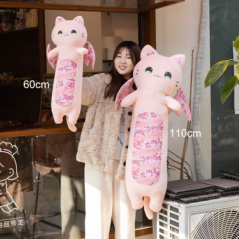 60cm Cat Shaped Hug Pillows Cherry Blossom Cat Plush Toys Bat Wing Kitten Sleeping Pillows Girl Birthday Gift 2