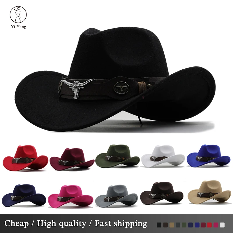 

New Western Hat Men Women Cowboy Style Leather Hats Wool Chapeu Western Gentleman South States Jazz Cap Cowgirl Hats Cow Band