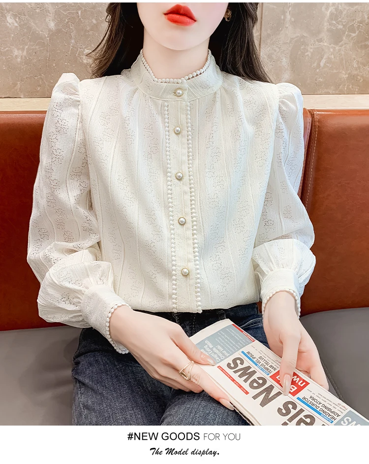 Neue 2025, Frühling Frauen Shirts & Blusen Aushöhlen Spitze Bluse Langarm Weiß Koreanische Tops Perlen Elegante Frauen Kleidung – Detail 11