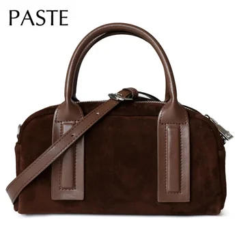 2025 Winter Genuine Suede Cow Leather Boston Pillow Tote Matte Coffee Blue Niche Design Women Handbag Luxury Shoulde Bag 1