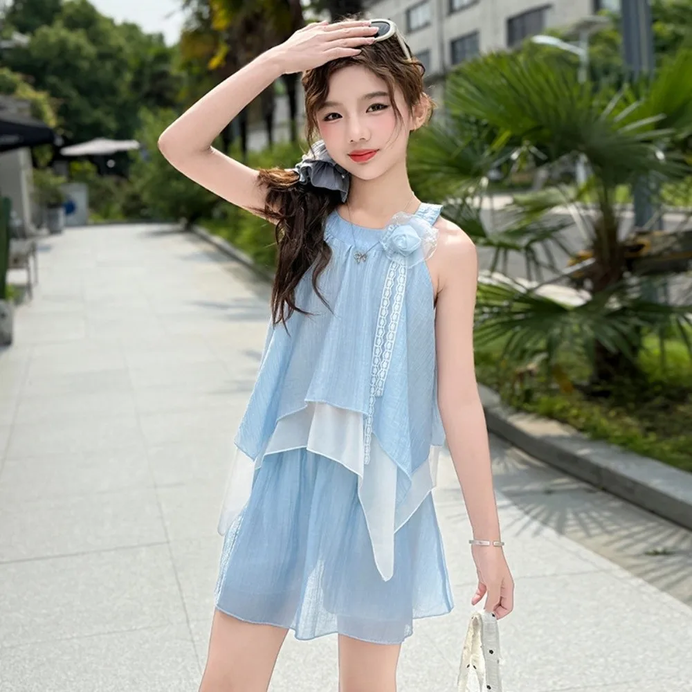 3D Rose Flower Kids Ruffles Shorts Dress Camisole Top Sleeveless Children Beach Dress Inside Shorts Korean Style