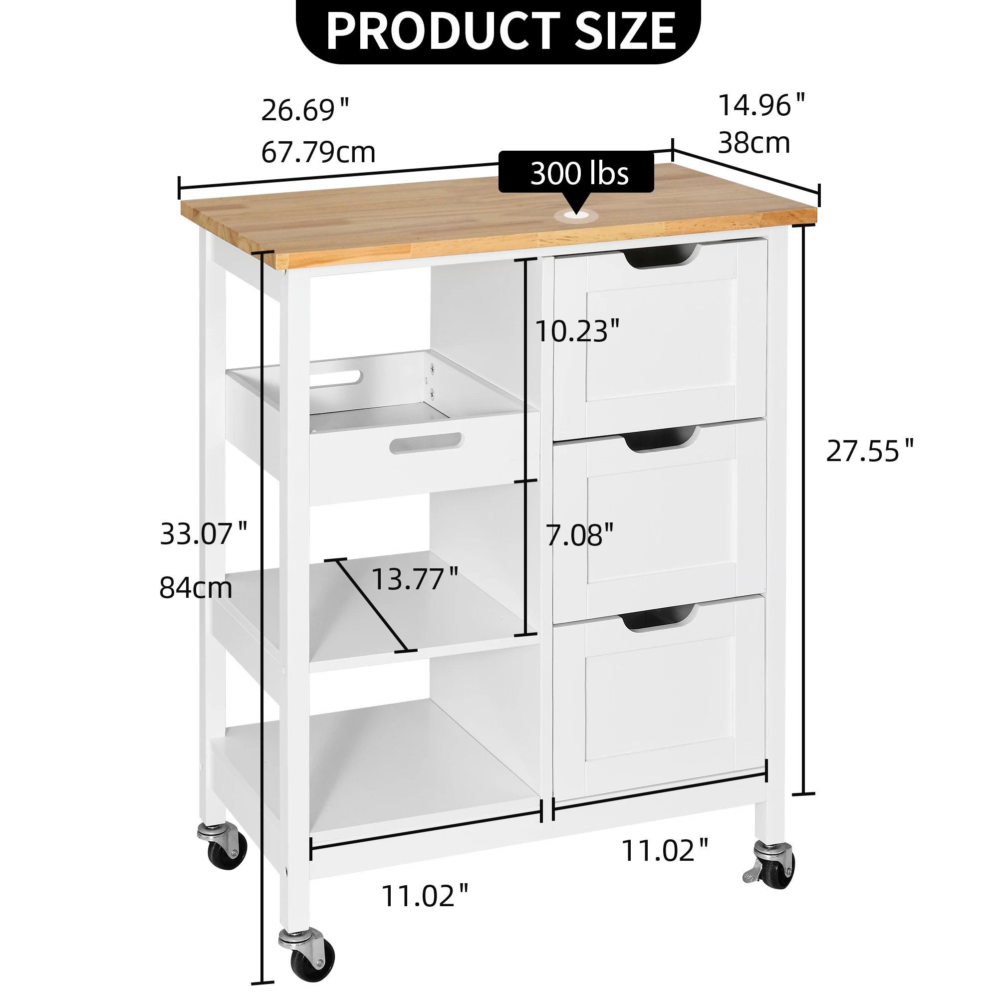 Home Rolling Kitchen Trolley Cart 33'' Tall Wood Storage Drawers Stand Shelves