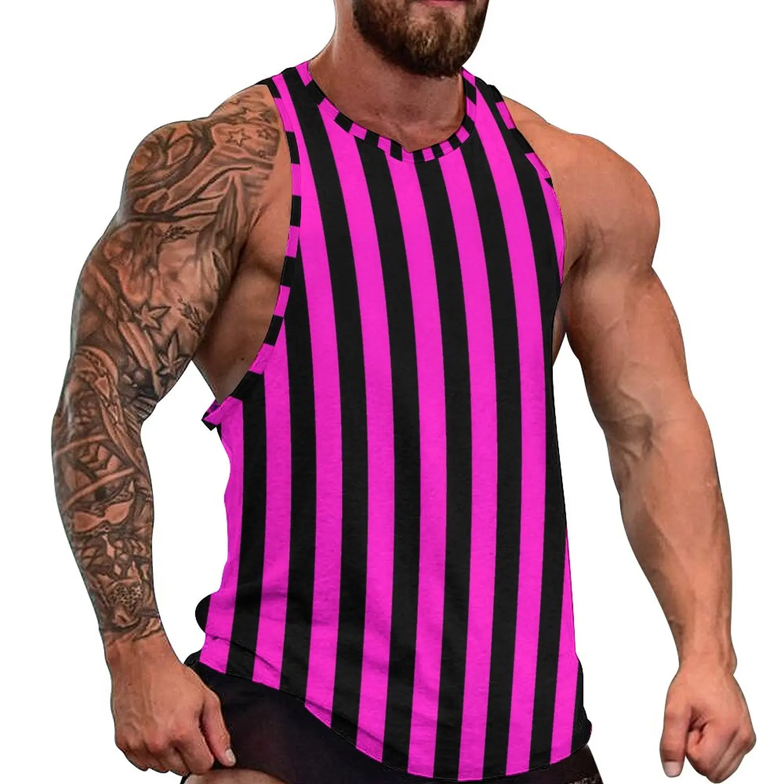 Vertical Striped Summer Tank Top Pink And Black Workout Tops Men Design Sportswear Sleeveless Shirts Large Size 4XL 5XL