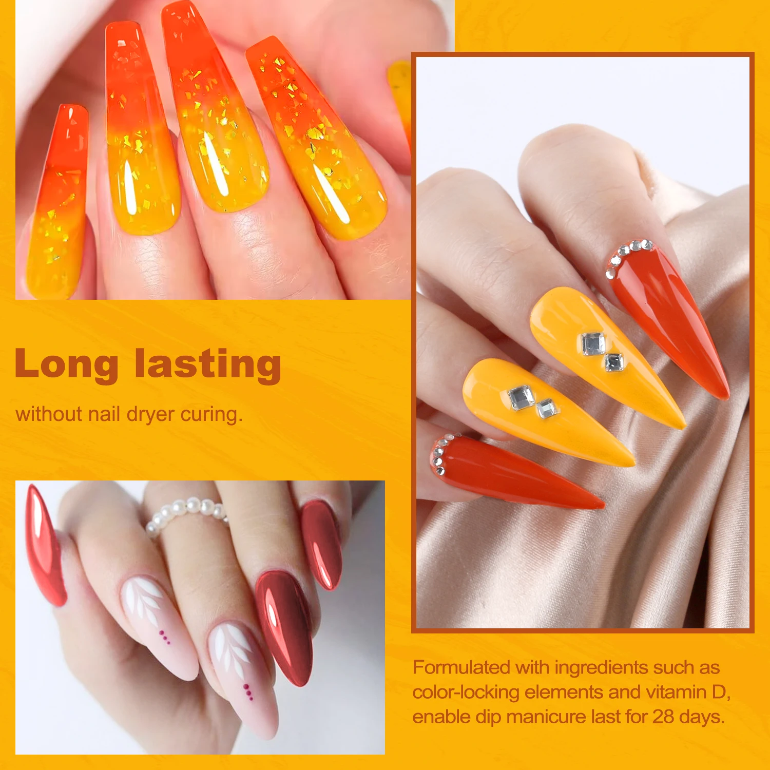 6 x 0.5oz Large Capacity Yellow Orange Red Colors Air Dry Dipping Powder Set Long Lasting for Salon Nail Art 3