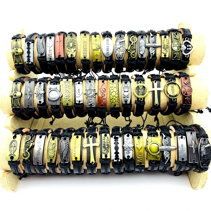 

Wholesale 50/100pcs Vintage Bracelets For Men Metal Leather Handmade Cuff Bangle Fashion Womens Jewelry Accessories Party Gift