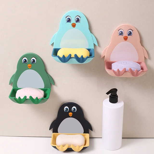 Wall Mounted Soap Holder Cute Penguins Shape Soaps Box with Hook Bathroom Accessories Punch Free Soap Sponge Storage Rack