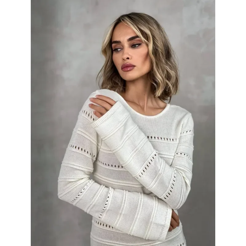 Striped Hollow Two-Wear Knitted Long Dress For Women Fashion Party Club Sweater Dress Vestido FemaleSlim Solid Outfits