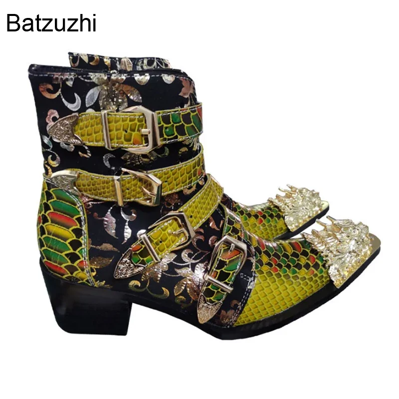 

Batzuzhi Fashion Metal Toe Golden Leather Ankle Boots Men Luxury Handmade Men's Boots Buckles Lace-up Punk Biking Boots for Men