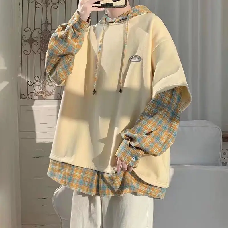 Men's Hoodie Fake Two-Piece Spring Autumn Oversize High Street Casual Cotton Polyester Youth Fashion Streetwear Couple's Swea...