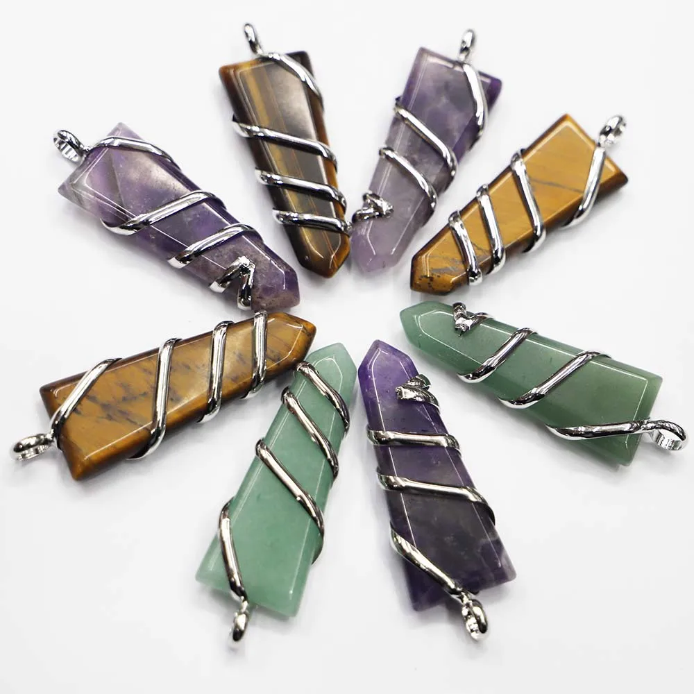Fashion Natural Stone Multicolor Multilateral Wire Arrow Necklace Pendant Mineral Cure Charms Jewelry Accessories Wholesale 4Pcs