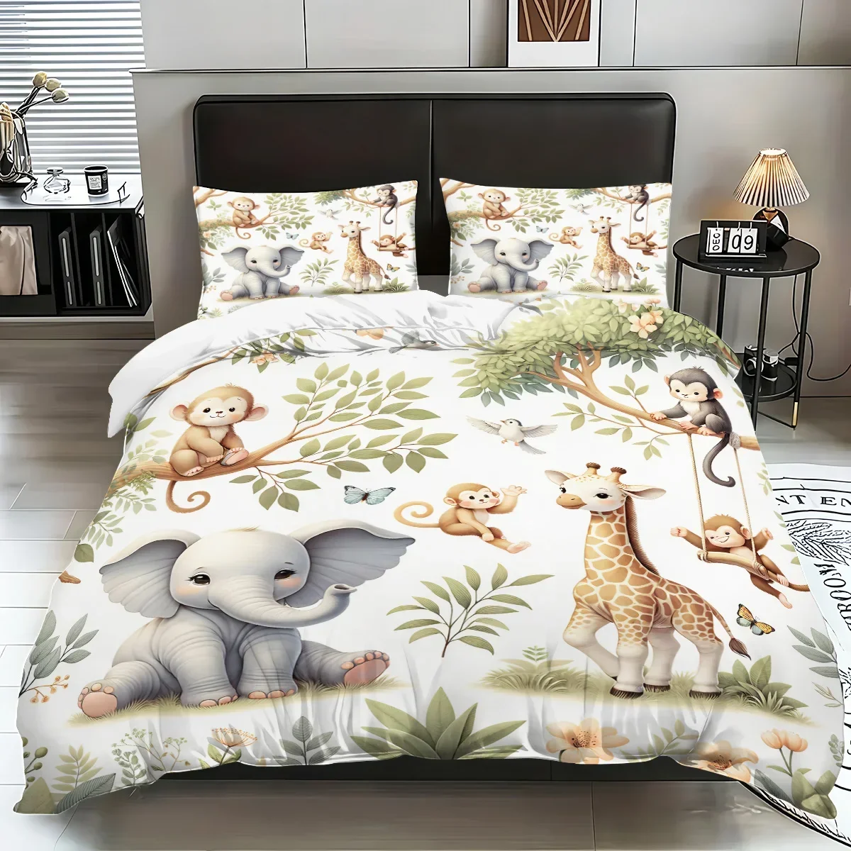 3pcs Duvet Cover Set King Size,Cartoon Zoo Pattern Print,  1 * duvet cover+2 pillowcases-Bedding Set for Bedroom,Hotel