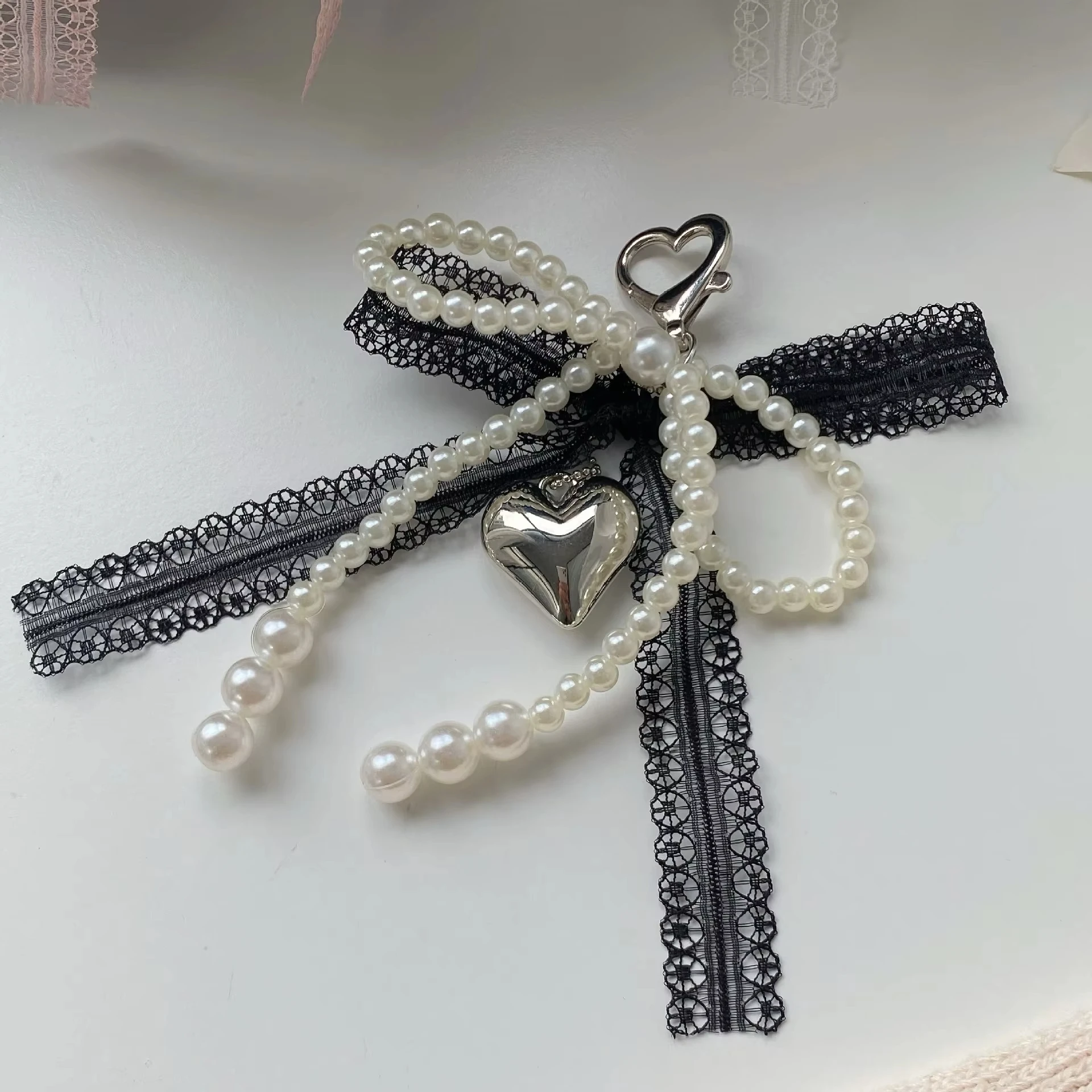 Y2k Imitation Pearls Lace Bowknot Keychain - Handbag and Backpack Key Chain - Punk Ornament - Image 6