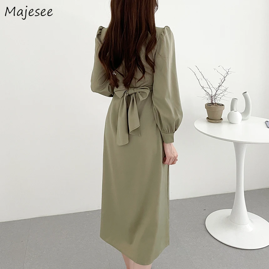 

Korean Long Puff Sleeve Dresses for Women Criss-cross Lace-up Graceful Office Lady Autumn Chic Dress Stylish Charminig Vestidos