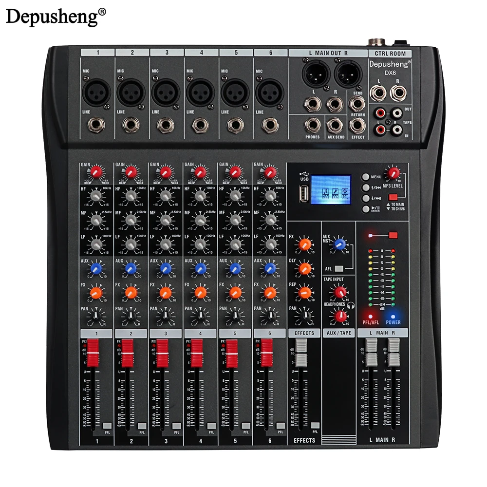 Professional Audio Mixer Depusheng DX6 6Channel Sound Board Console with Bluetooth USB PC Recording Input 48V POWER