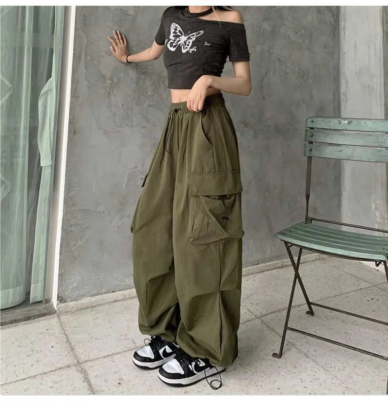 

Vintage Oversize Gray Cargo Pants Y2K Korean Parachute Army Green Loose Baggy Wide Leg Jogger American Retro Trousers Women
