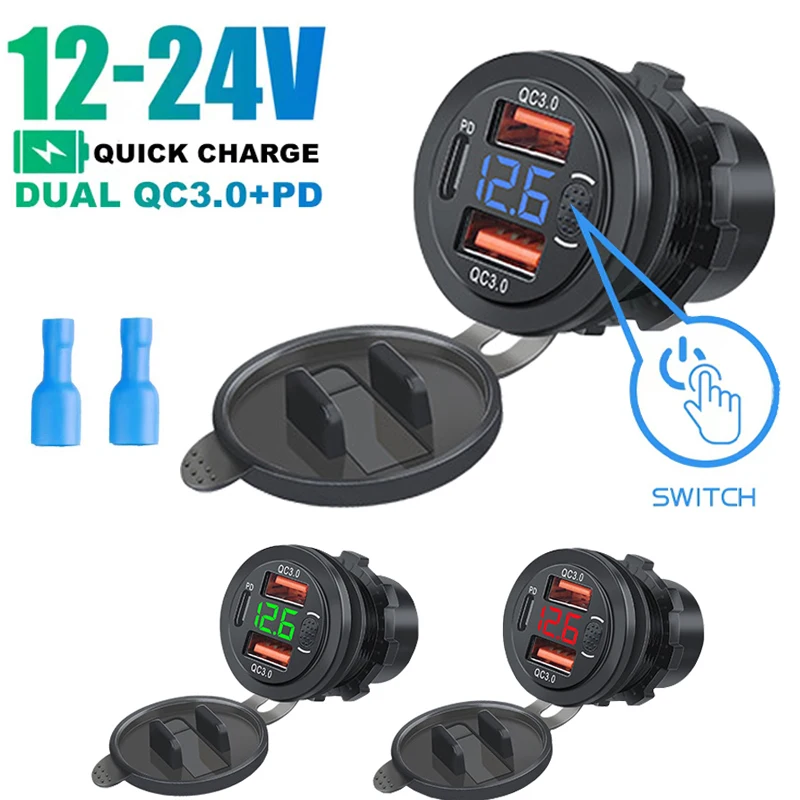 자동차 전자기기 자동차용 듀얼 USB 고속 충전기 3.0 및 PD 소켓, 디지털 전압계 버튼 스위치, 보트, 트럭, RV와 호환 자동차 전자기기 자동차용 듀얼 USB 고속 충전기 3.0 및 PD 소켓, 디지털 전압계 버튼 스위치, 보트, 트럭, RV와 호환