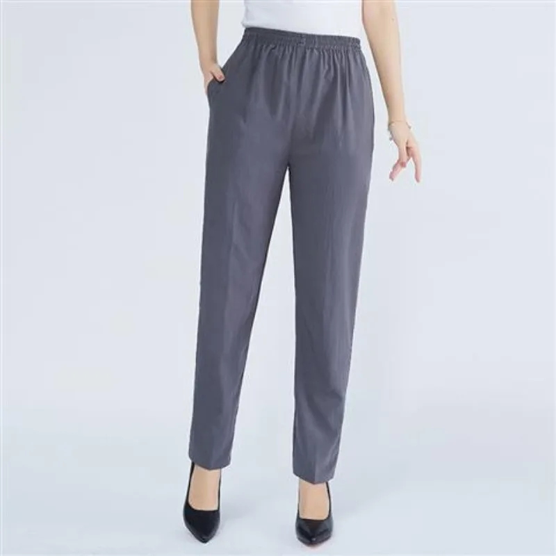 2024 New Simple Elegant Summer Solid Color Elastic High Waist Women's Fashion Versatile Silk Thin Loose Straight Cropped Pants
