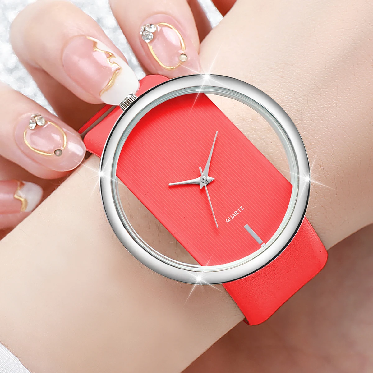 3PCs/Set Women's Watch Fashion Disc Simple Leather Strap Quartz Watch Black White Red College Style