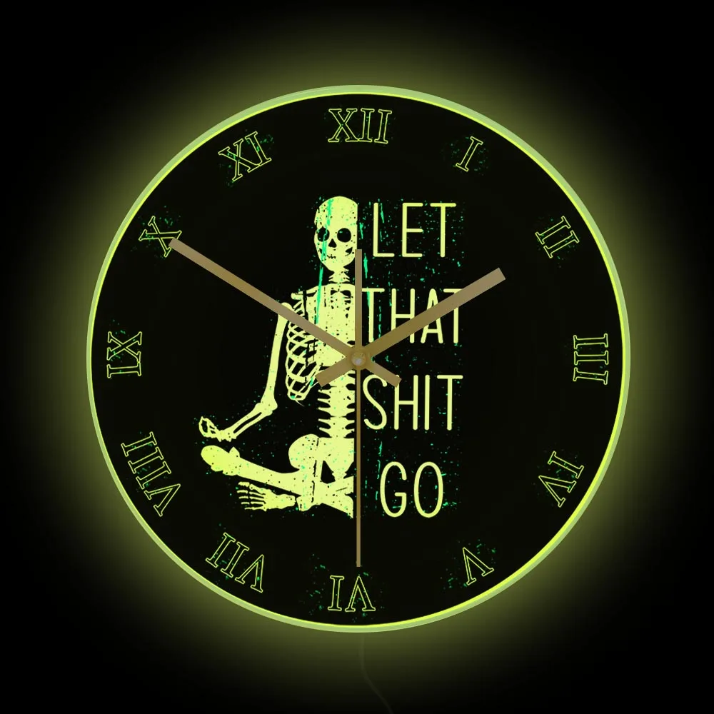 

Let That Shit Go Skull LED Neon Light Wall Clock Halloween Zen Skeleton Meditating Yoga Pose Funny Wall Clock Glow In The Dark