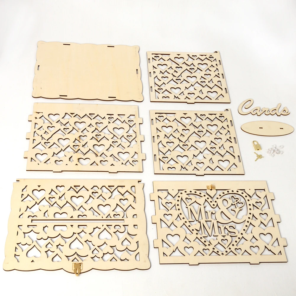 Wedding Card Box Carved Openwork Wooden Lock Mr&Mrs DIY Couple Love Pattern Envelope Sign Cards Decoration Party Supplies wooden gift card boxes wedding place cards