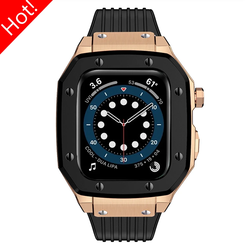 Luxury Alloy Case Modification Kit for Apple Watch Band 45mm 44mm Metal Case Bezel Frame Silicone Strap for IWatch 9 8 7 6 SE 5