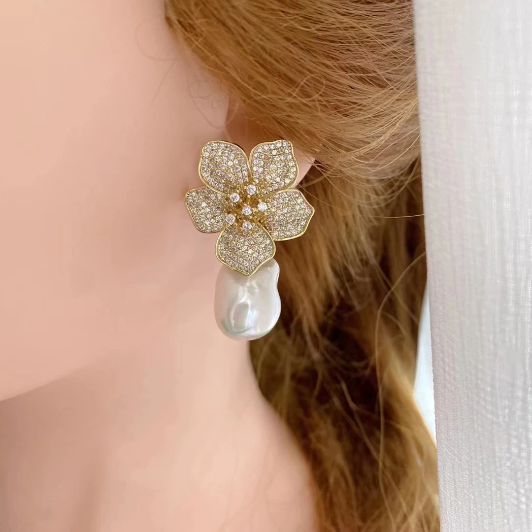 Natural White Keshi Baroque Pearl White Gold Color Plated CZ Paved Stud Dangle Earrings For Women