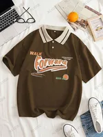 Summer Autumn Forward Print Graphic Contrast Color Loose Polo Shirt Short Sleeve Lapel T-shirt Women's Oversized Unisex Tops - Image 3