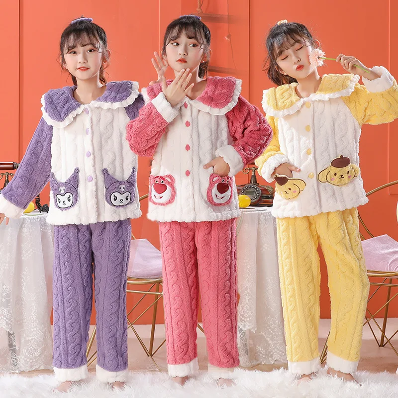 

Kawaii Cartoon Sanrio Kuromi My Melody Cinnamonroll Pompom Purin Pajamas Cute Girls Boys Plush Lapel Home Set Yellow Purple
