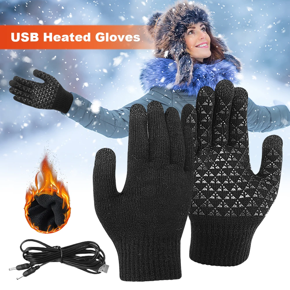 Electric Heated Gloves USB Touch Screen Winter Thermal Gloves Full Finger Hand Warmer Knitted Gloves for Outdoor Camping Skiing