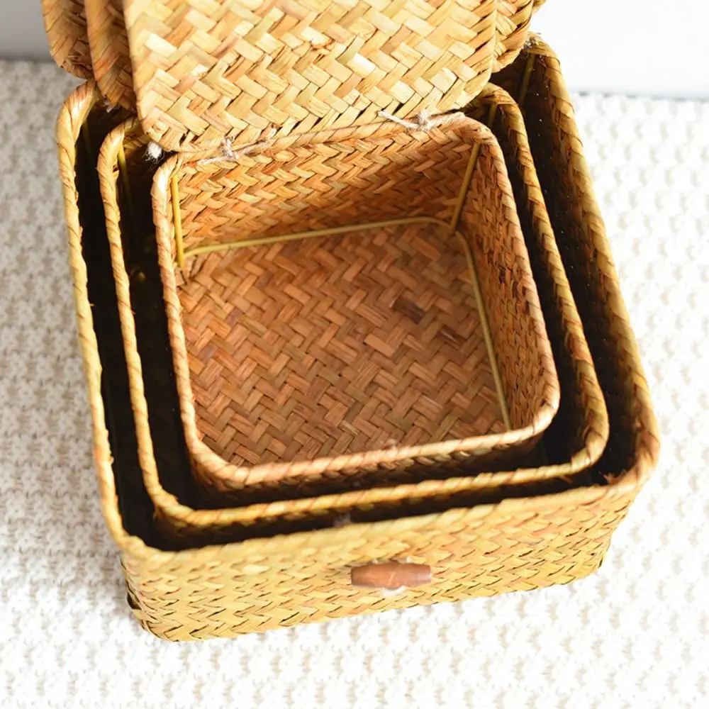 Rattan Weaving Wicker Shelf Baskets New Lid Rectangular Bin Handwoven Home Organizer Bedroom 5