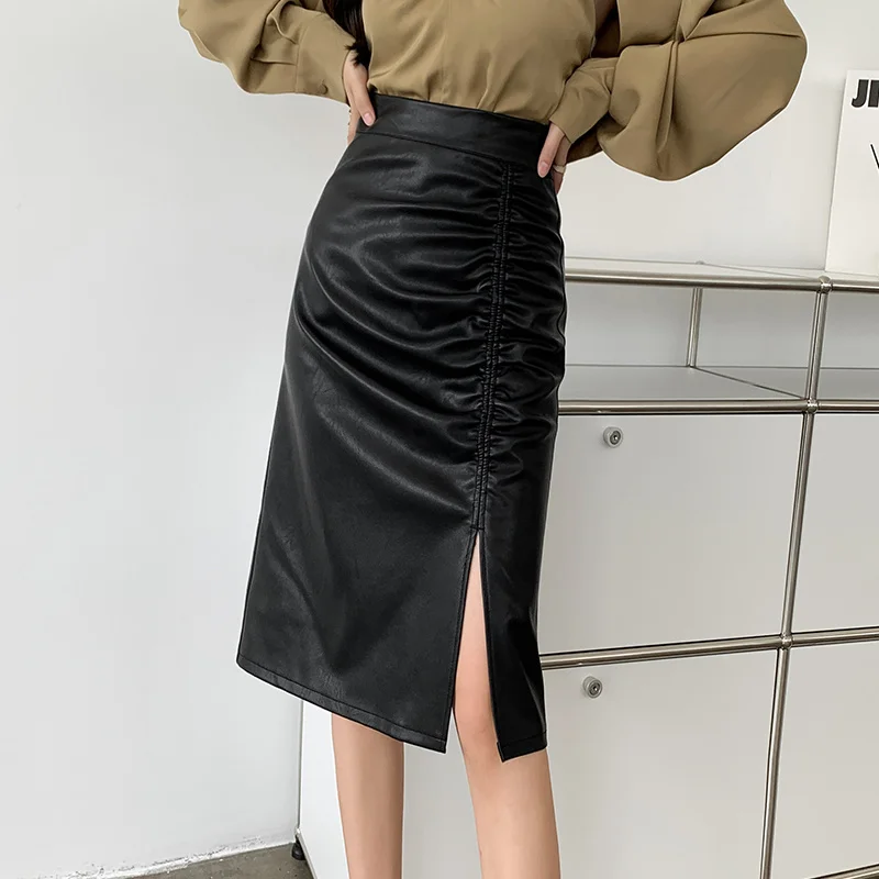 

Genuine Leather Skirt Women's 2022 Autumn/Winter New High Waist Slim Skirt Mid length Style Split Fold Wrap Hip Skirt